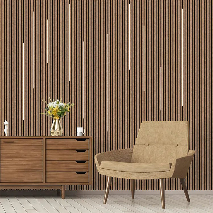 Lot de 8 Panneaux Acoustiques Murauxl- Tasseaux Finition Noyer - Fond Noir - 240x60x2,2cm