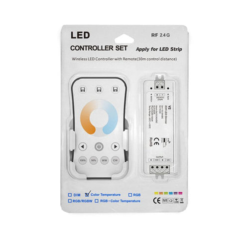 Kit Contrôleur LED CCT RF 12-24V DC Max 10A avec Télécommande - Blanc