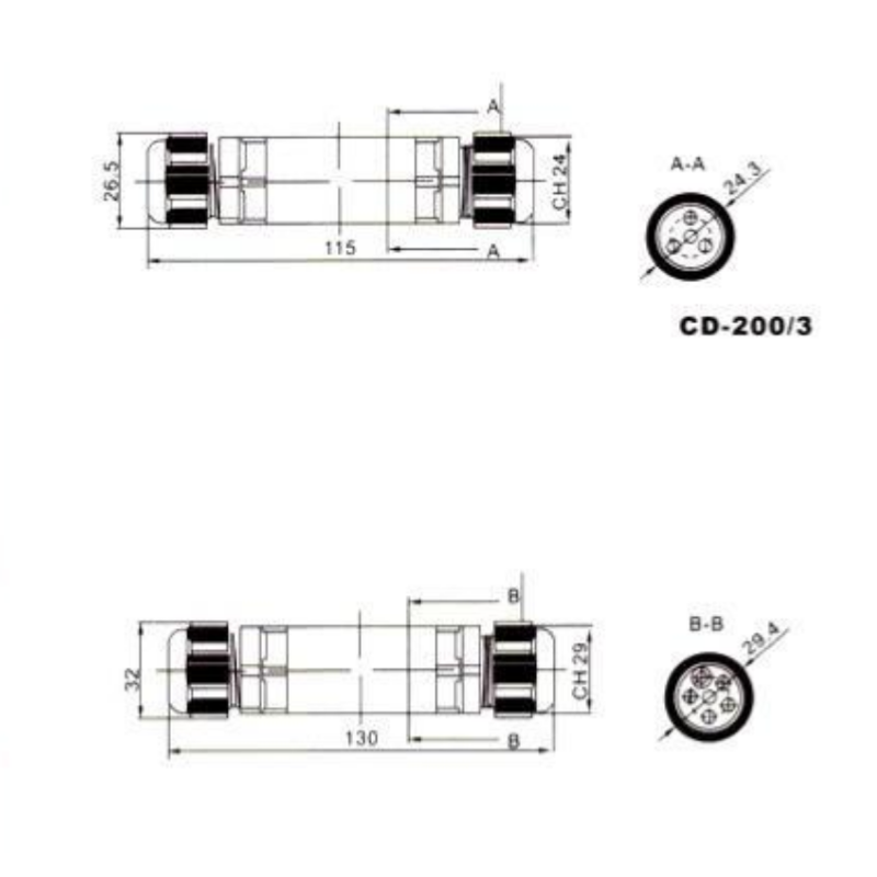 Conector linear 1 Saída à prova d'água IP68 preto