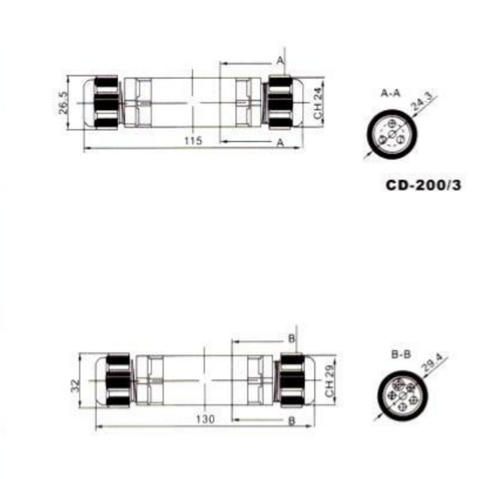 Conector linear 1 Saída à prova d'água IP68 preto