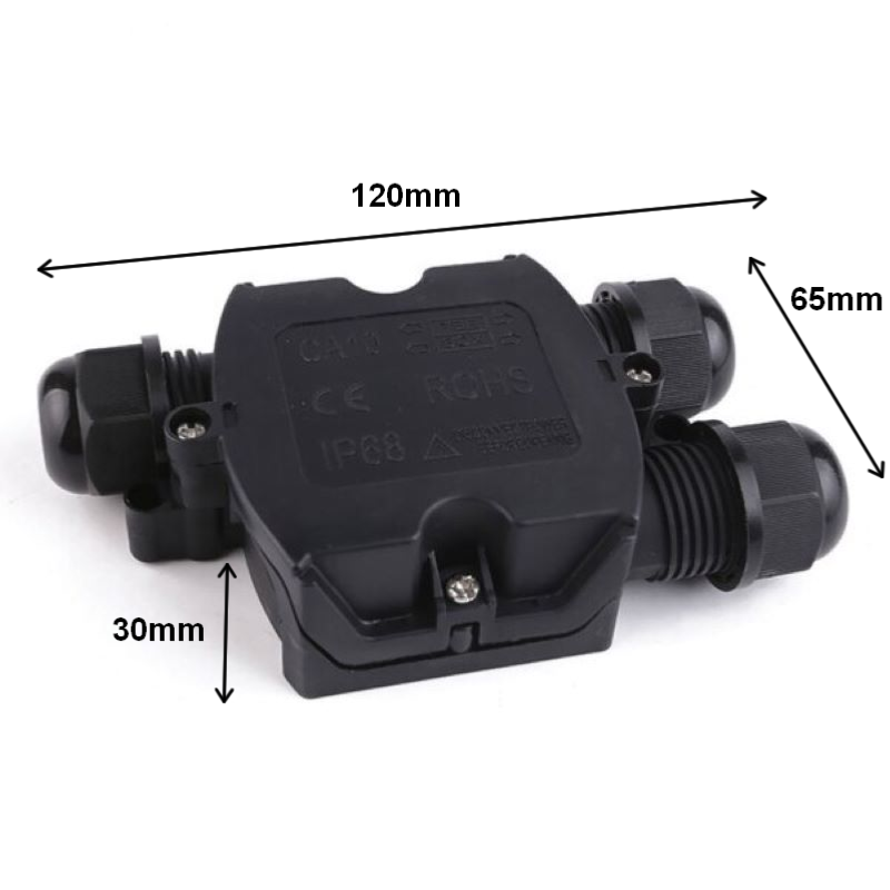 Conector à prova d'água com entrada e 2 saídas pretas IP68