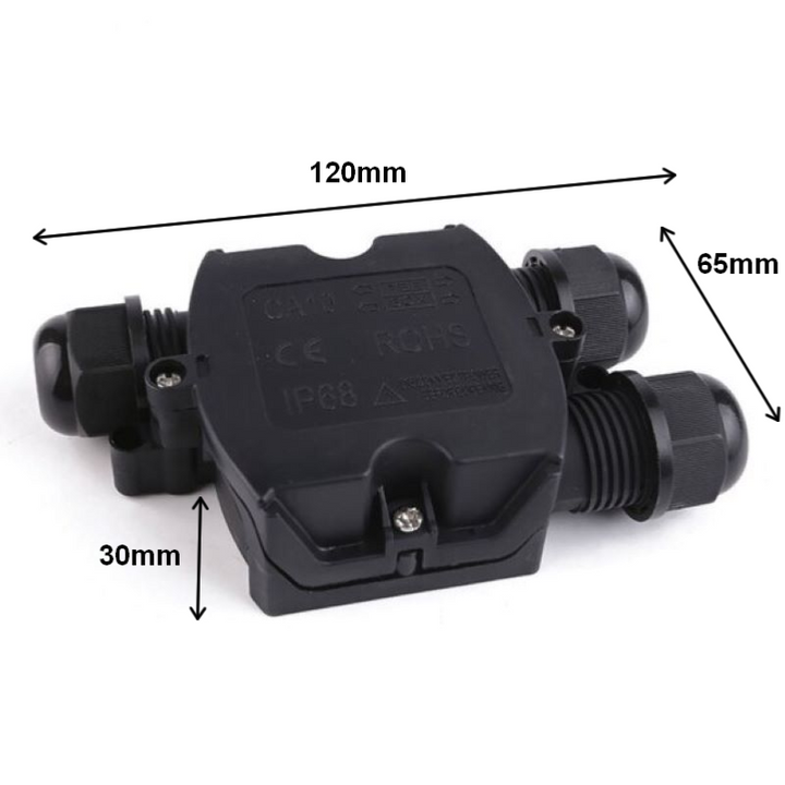 Conector à prova d'água com entrada e 2 saídas pretas IP68