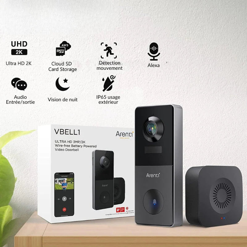 Câmera de campainha sem fio conectada WiFi 1080p recarregável