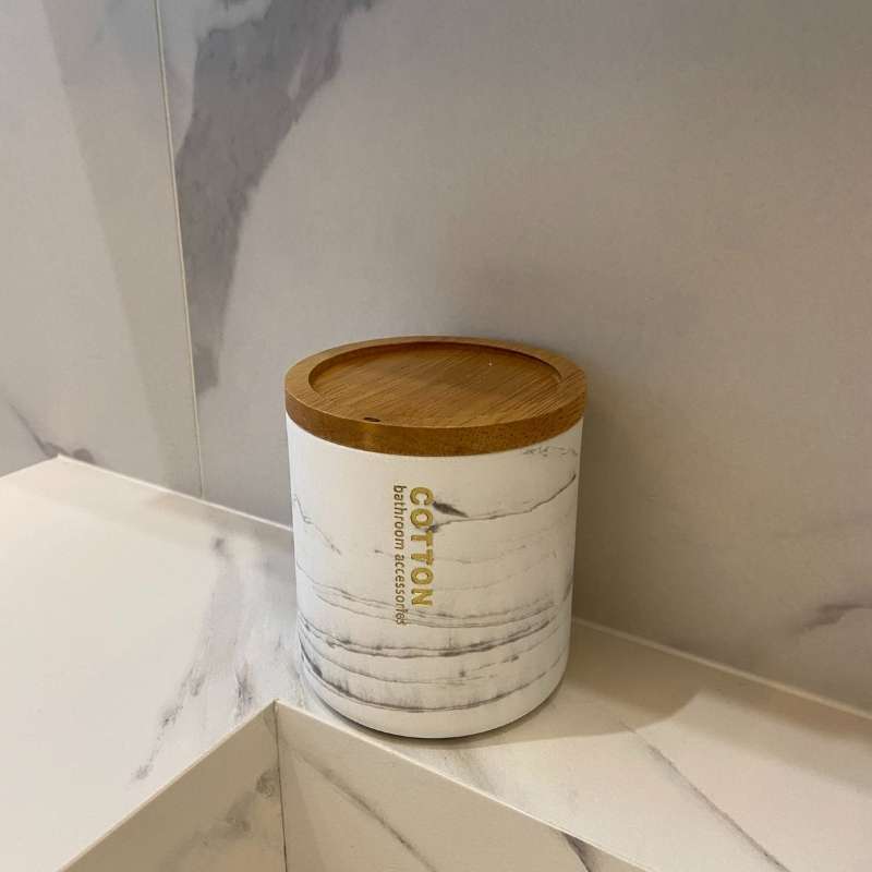 Boîte de Rangement Salle de Bain Rond pour coton - Motif Marbre - Silumen