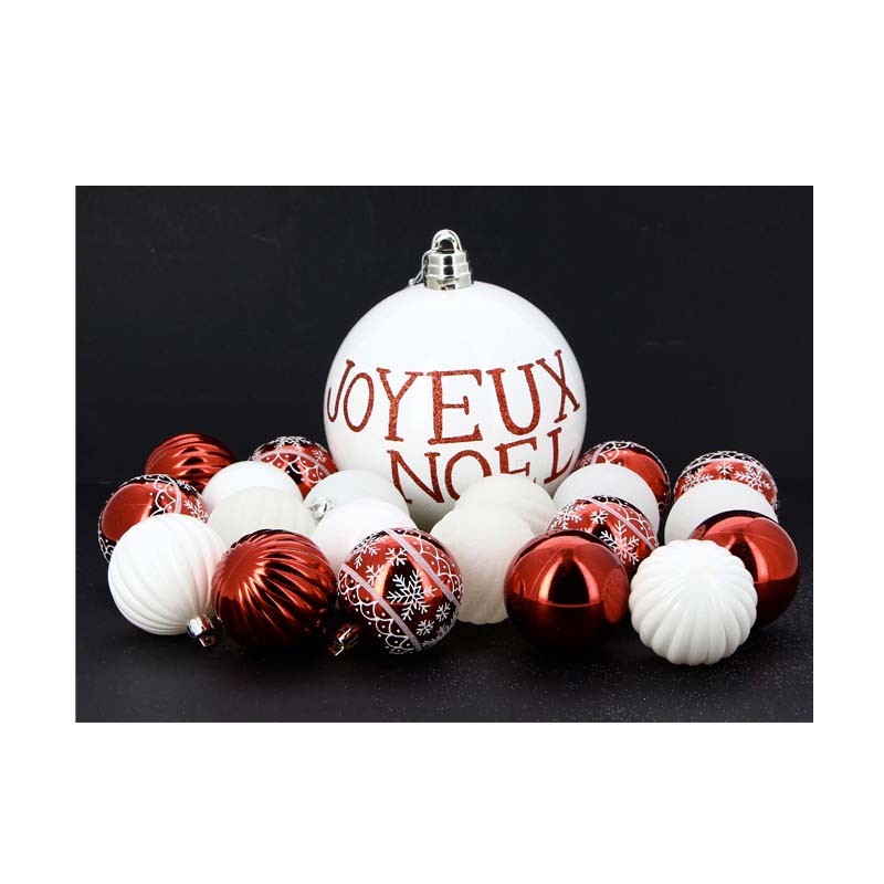 Boules de Noël 20 pcs ROUGE / BLANC + Boule 15cm Joyeux Noël - Silumen