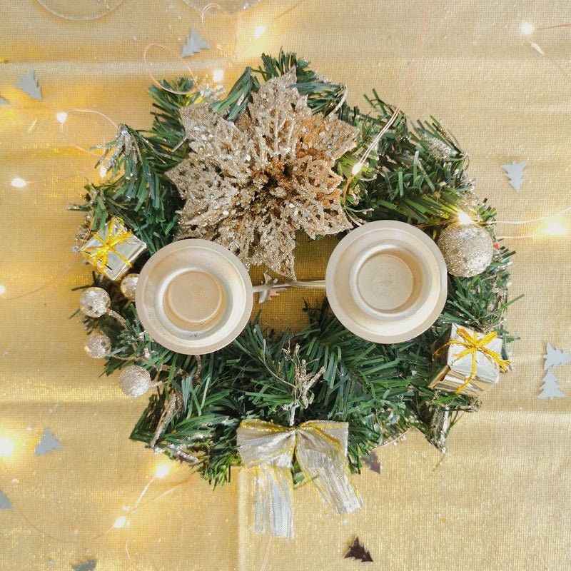 Centre de table Noël 2 supports bougie Ø15cm - Fleurs CHAMPAGNE - Silumen