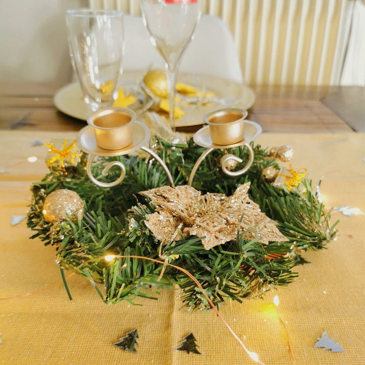 Centre de table Noël 2 supports bougie Ø15cm - Fleurs CHAMPAGNE - Silumen