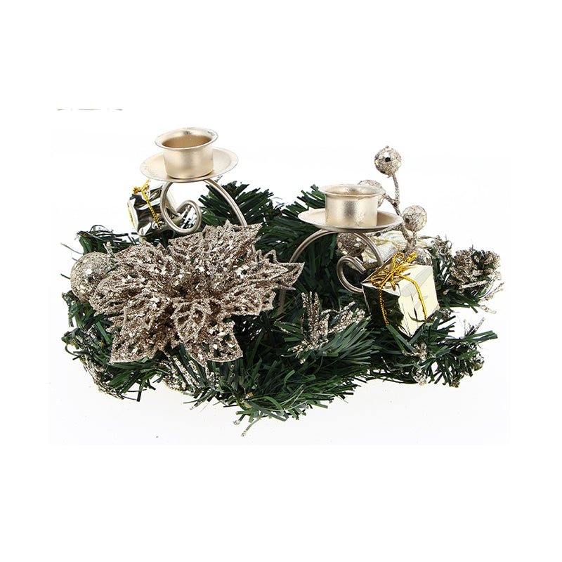 Centre de table Noël 2 supports bougie Ø15cm - Fleurs CHAMPAGNE - Silumen