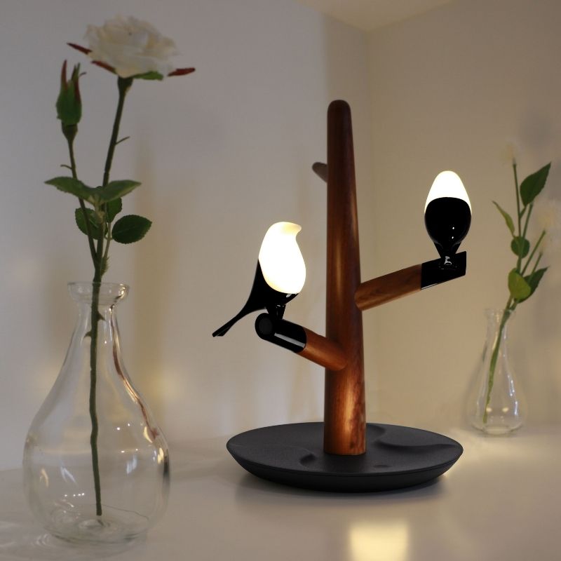 Lampe de Chevet Design Oiseau avec Chargeur Sans fil et Porte Accessoires - Silumen