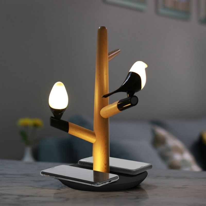 Lampe de Chevet Design Oiseau avec Chargeur Sans fil et Porte Accessoires - Silumen