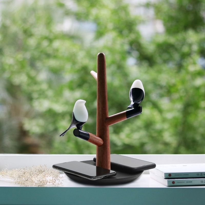 Lampe de Chevet Design Oiseau avec Chargeur Sans fil et Porte Accessoires - Silumen