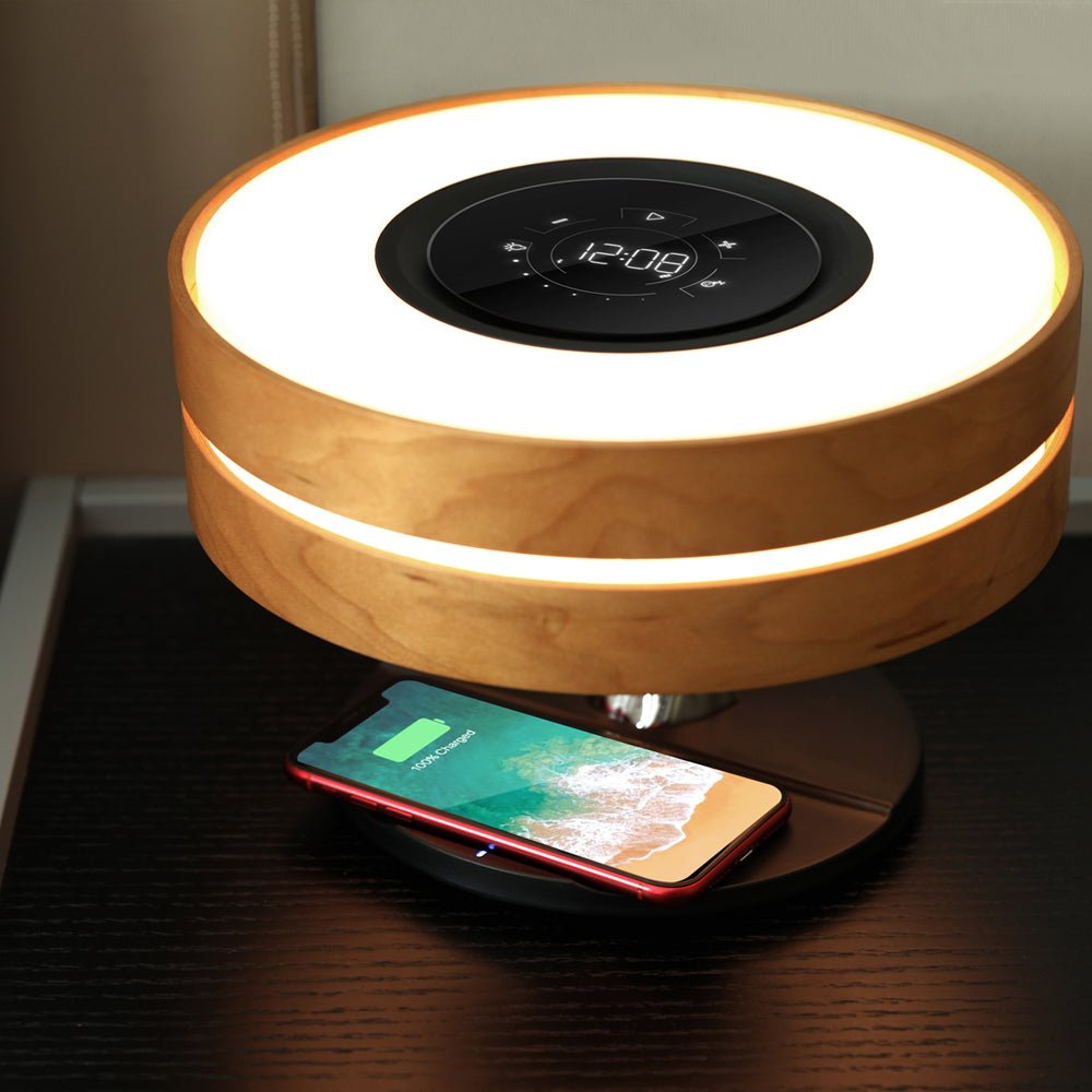 Lampe de Chevet Ronde "Horizon" avec Enceinte & Chargeur Sans fil - Dimmable Tactile - Silumen