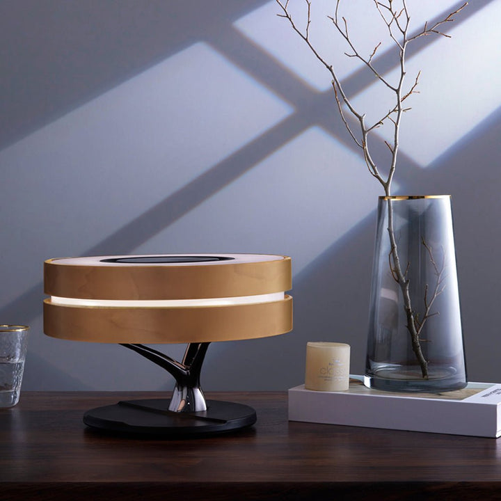 Lampe de Chevet Ronde "Horizon" avec Enceinte & Chargeur Sans fil - Dimmable Tactile - Silumen