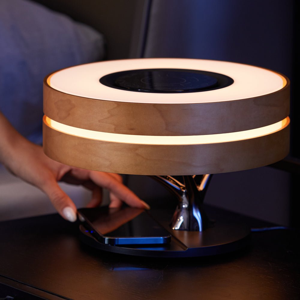 Lampe de Chevet Ronde "Horizon" avec Enceinte & Chargeur Sans fil - Dimmable Tactile - Silumen