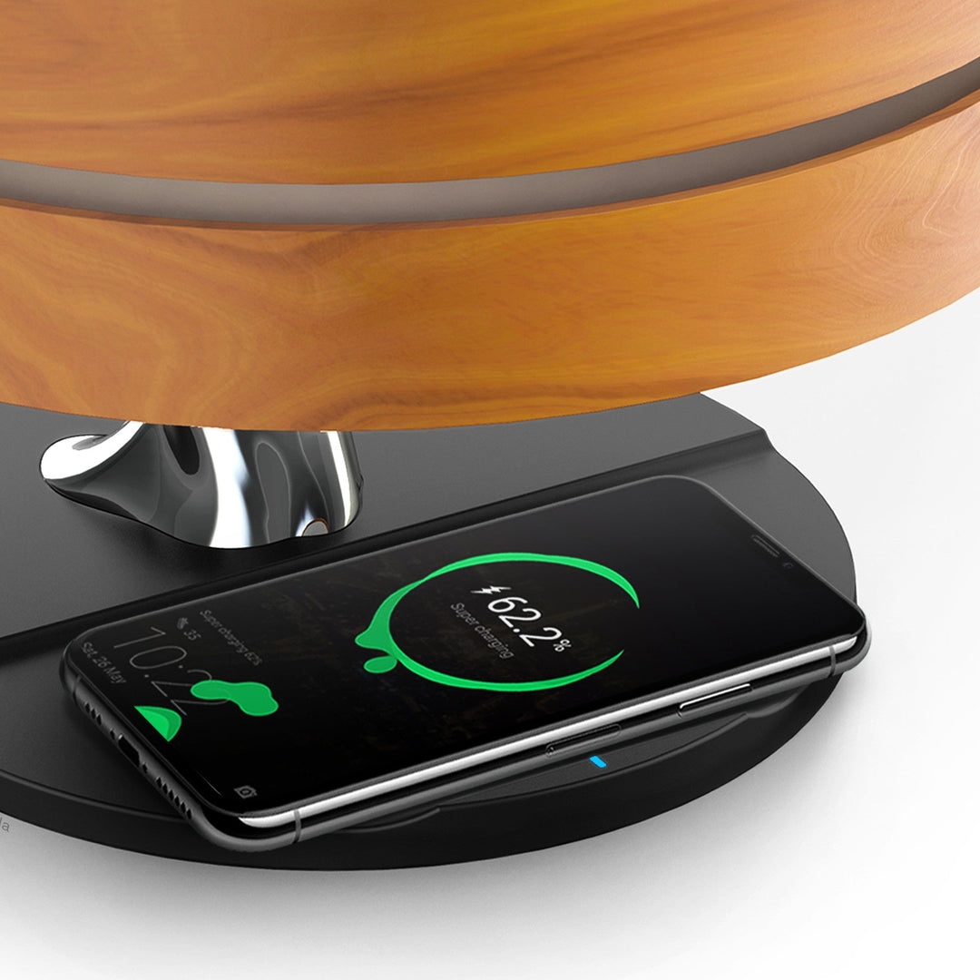Lampe de Chevet Ronde "Horizon" avec Enceinte & Chargeur Sans fil - Dimmable Tactile - Silumen