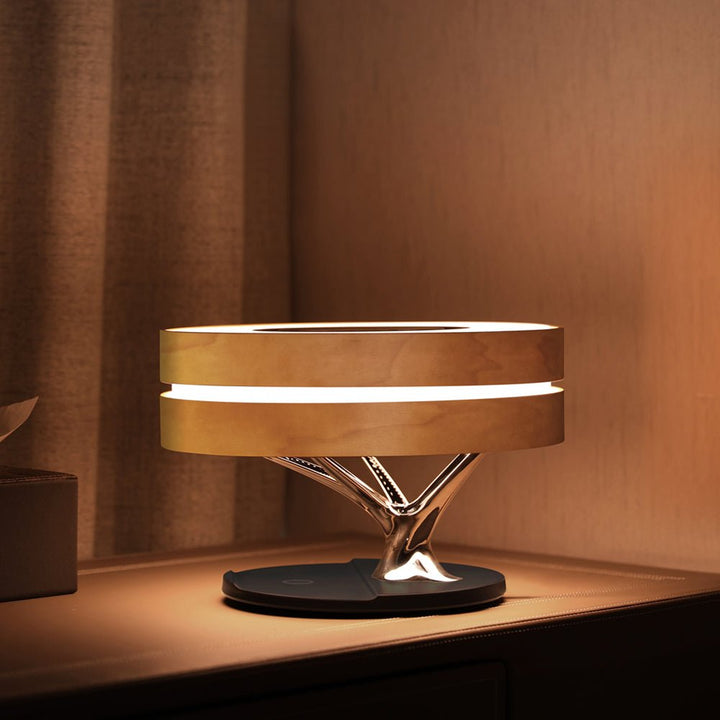 Lampe de Chevet Ronde "Horizon" avec Enceinte & Chargeur Sans fil - Dimmable Tactile - Silumen
