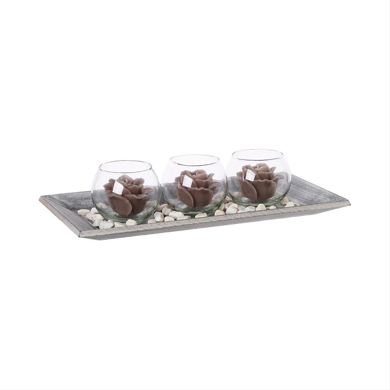 Photophore Verre avec 3 Bougies sur Plateau - Silumen