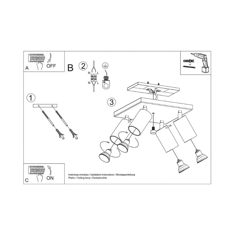 Plafonnier Carré 4 Spots Orientable pour Ampoule GU10 - Silumen