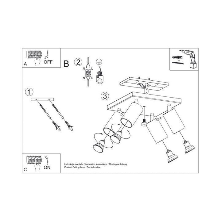 Plafonnier Carré 4 Spots Orientable pour Ampoule GU10 - Silumen