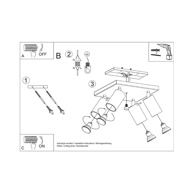 Plafonnier Carré 4 Spots Orientable pour Ampoule GU10 - Silumen