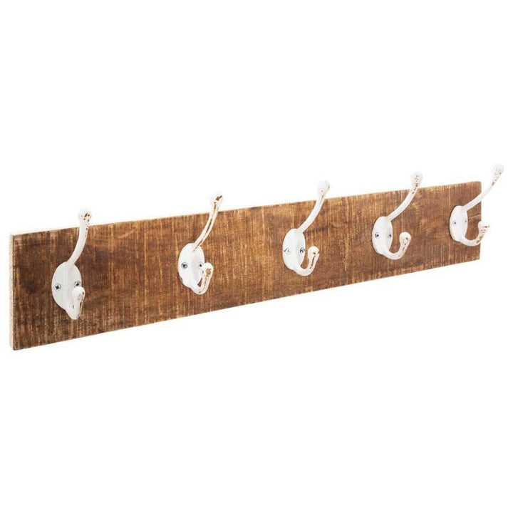 Porte Manteau Mural Bois 5 crochets blancs en fer - Silumen