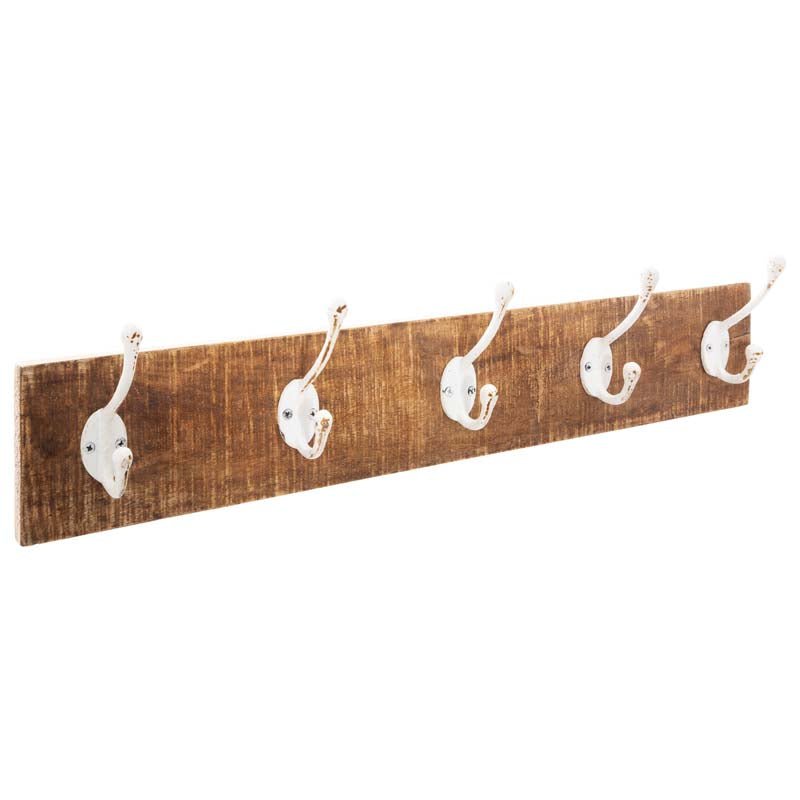 Porte Manteau Mural Bois 5 crochets blancs en fer - Silumen