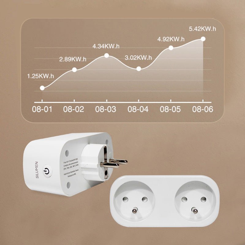 Prise Connectée Wi-Fi Double 16A avec Timer et Compteur de Consommation - Silumen