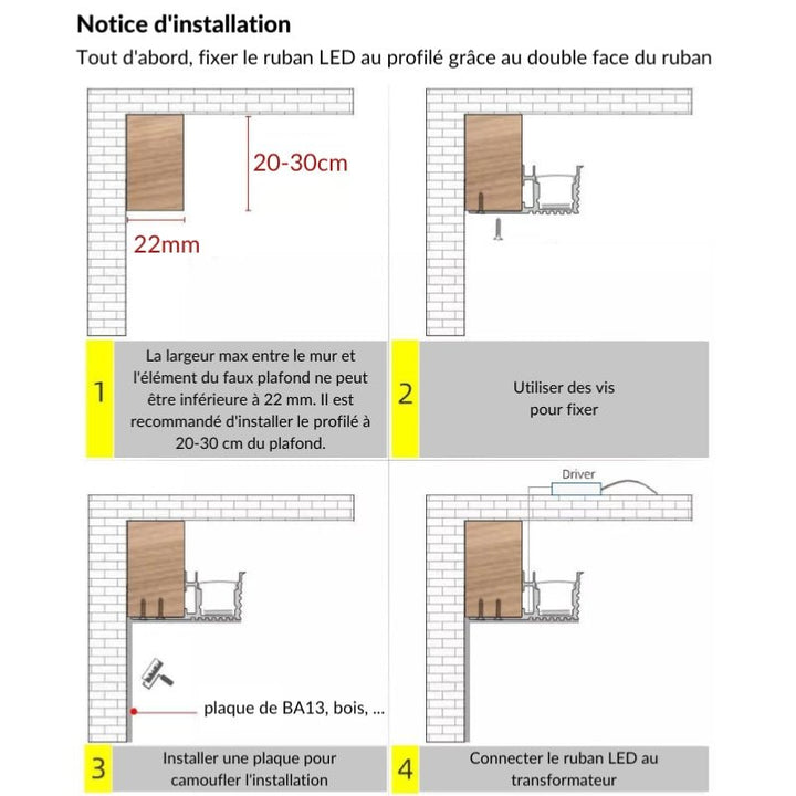 Profilé Aluminium Blanc 2m pour Ruban LED Intégration Faux-Plafond - Silumen
