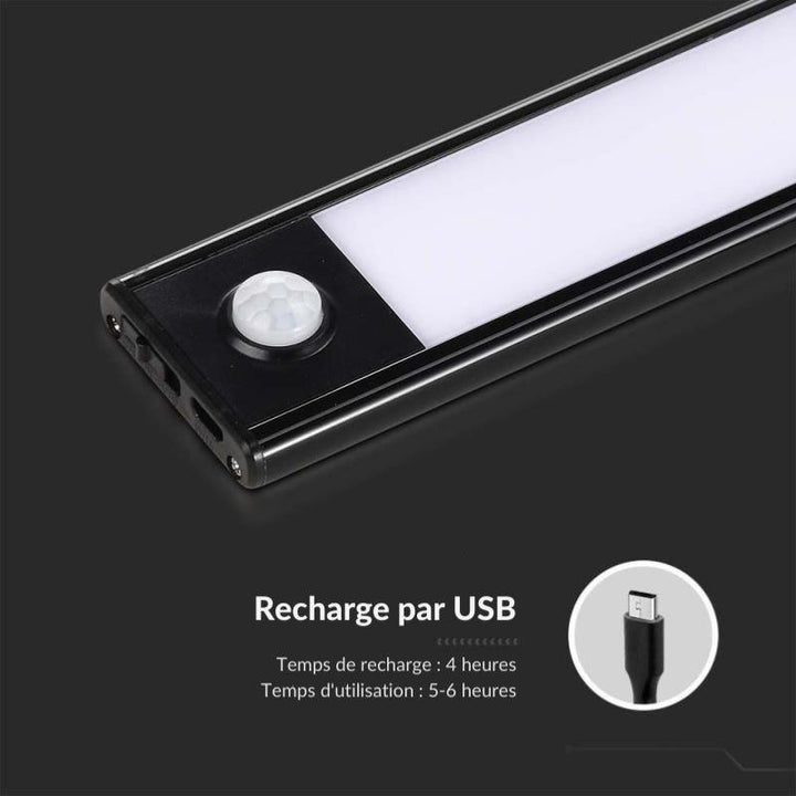 Réglette LED Rechargeable USB 30cm 1,5W Noire avec Détecteur de mouvement - Silumen