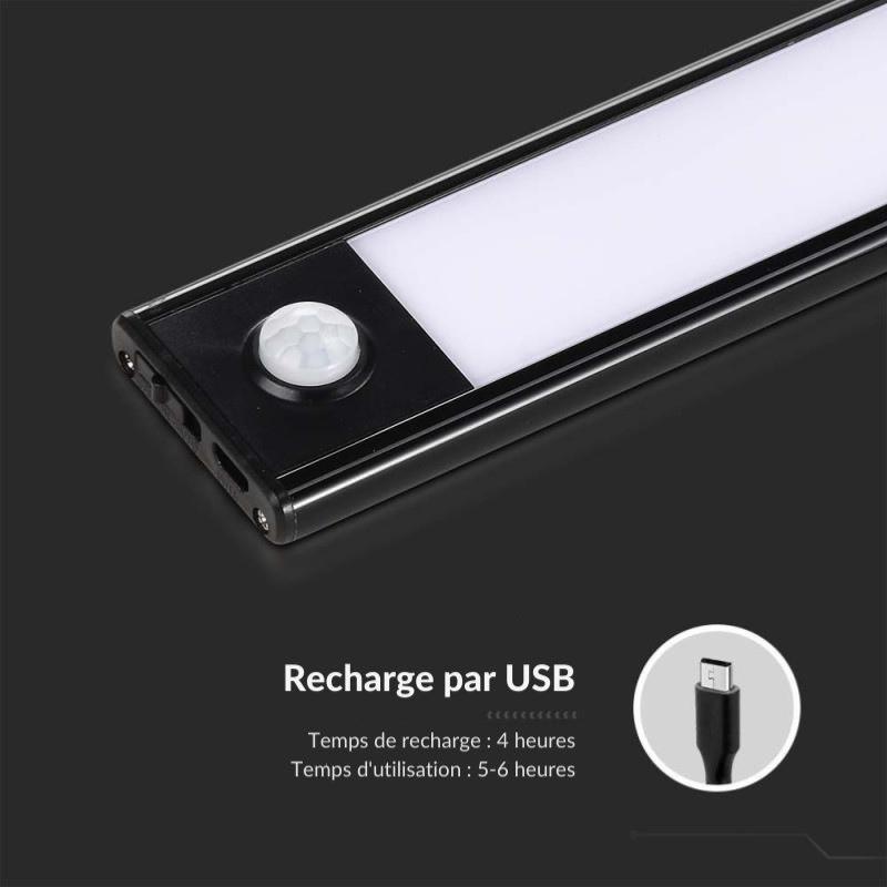 Réglette LED Rechargeable USB 40cm 2W Noire avec Détecteur de mouvement - Silumen