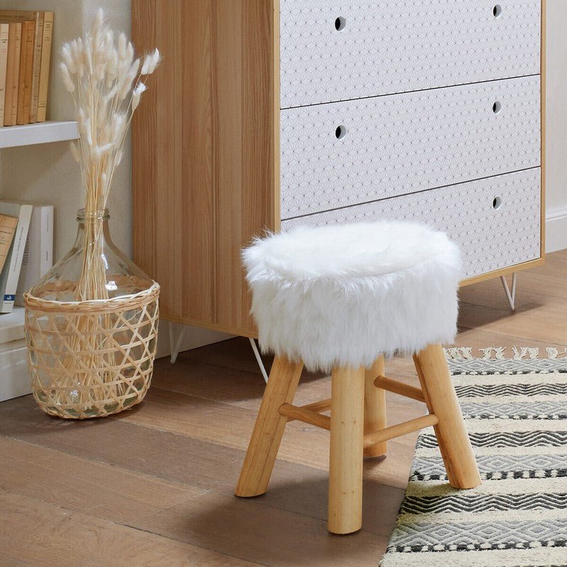 Tabouret Pouf Effet Fourrure Pieds en Pin - Silumen