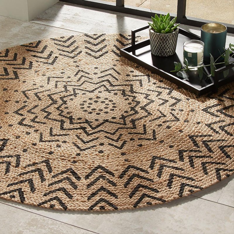 Tapis Rond Jute Naturel 120cm - Motif Imprimee - Silumen