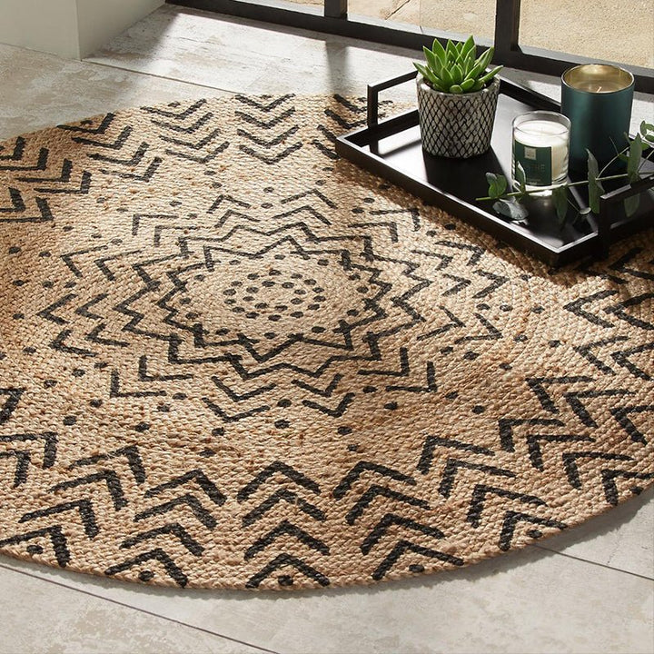 Tapis Rond Jute Naturel 120cm - Motif Imprimee - Silumen