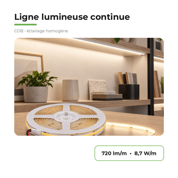 Ruban LED COB 10m 24V IP20 320LED/m 8.7W/M CRI90