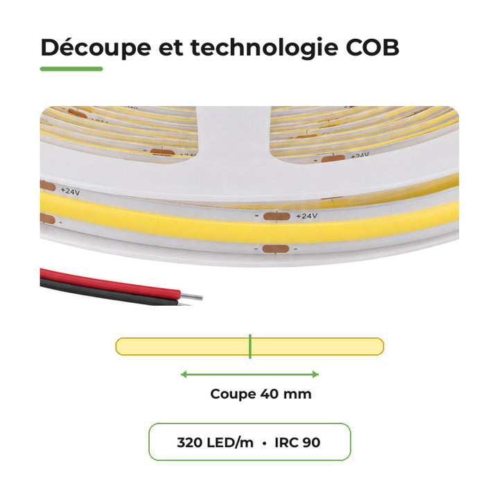 Ruban LED COB 10m 24V IP20 320LED/m 8.7W/M CRI90