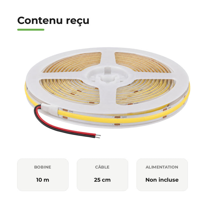 Ruban LED COB 10m 24V IP20 320LED/m 8.7W/M CRI90
