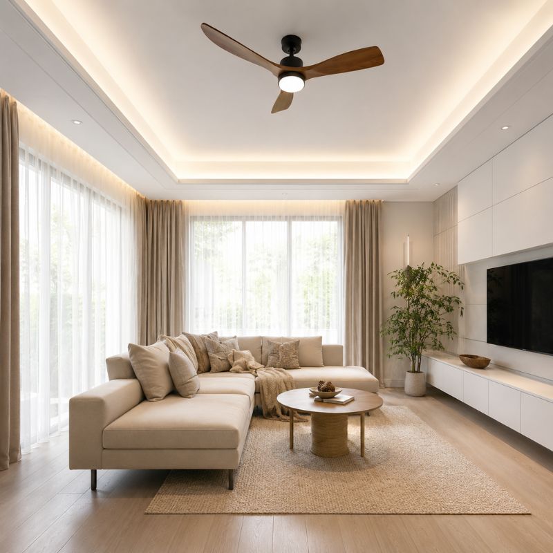 Ventilateur de Plafond LED 18W CCT Noir et Bois avec Télécommande Ø122cm