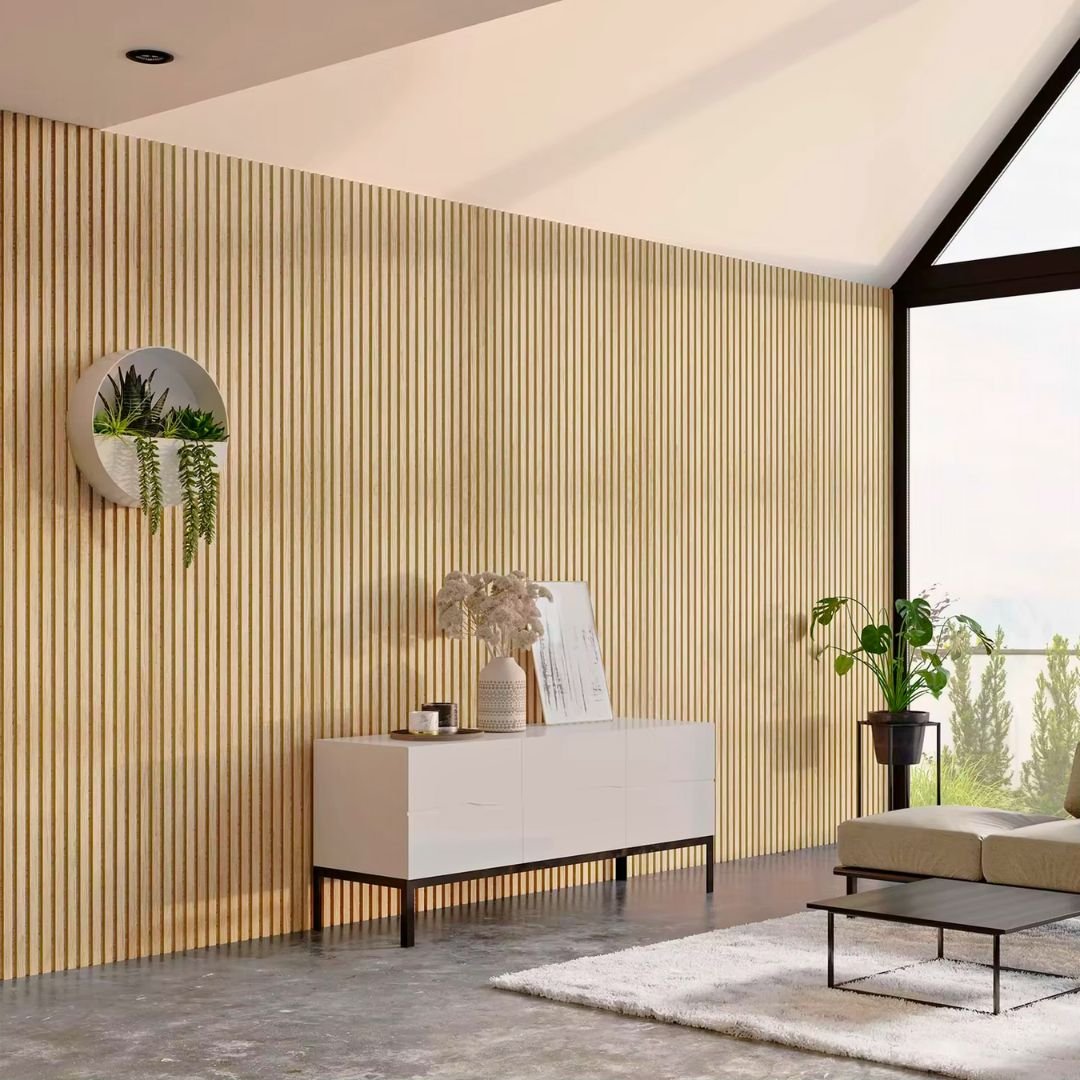 Lot de 6 Panneaux Acoustiques Muraux - Tasseaux Finition Chêne Blanc - Fond Noir - 240x60x2,2cm