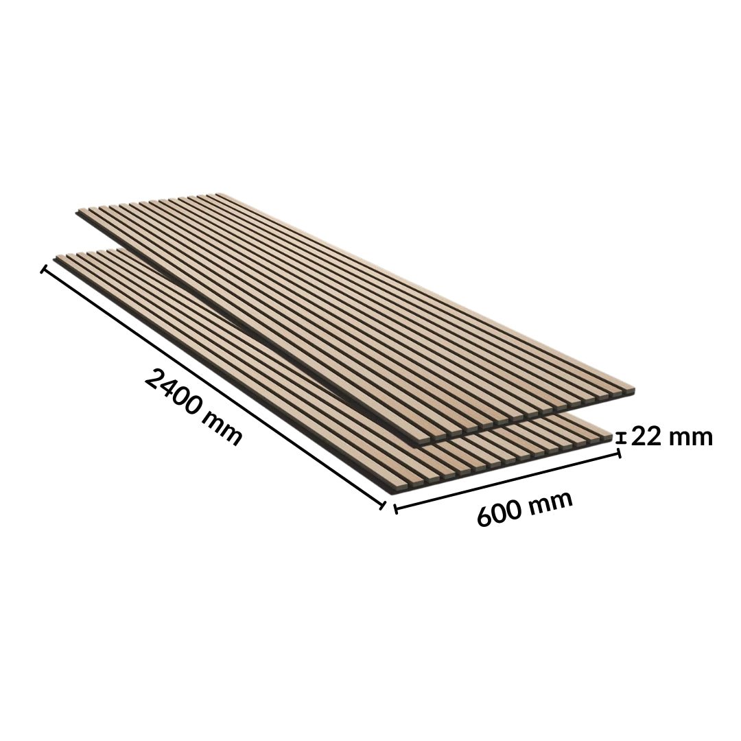Lot de 8 Panneaux Acoustiques Muraux - Tasseaux Finition Chêne Blanc - Fond Noir - 240x60x2,2cm