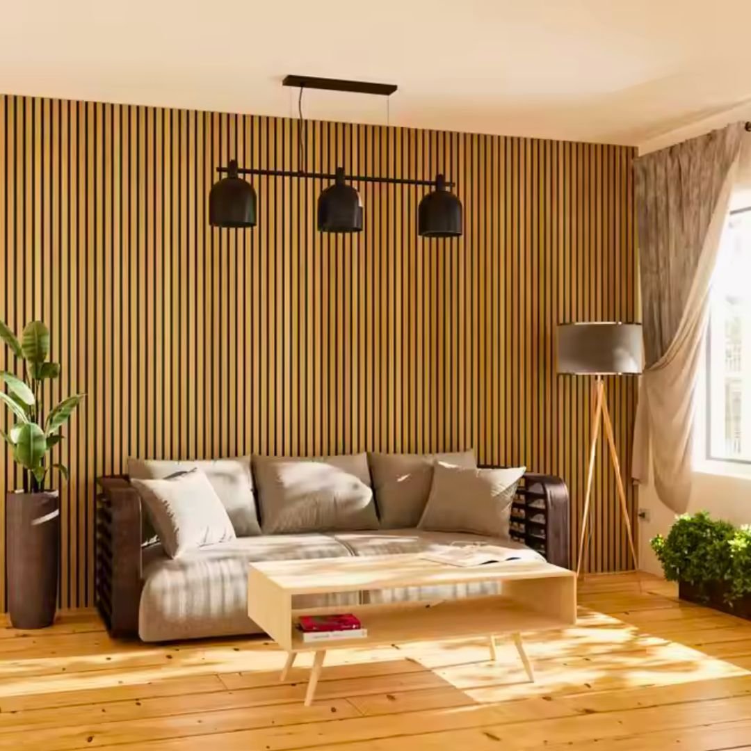 Lot de 4 Panneaux Acoustiques Muraux - Tasseaux Finition Chêne Blanc - Fond Noir - 240x60x2,2cm