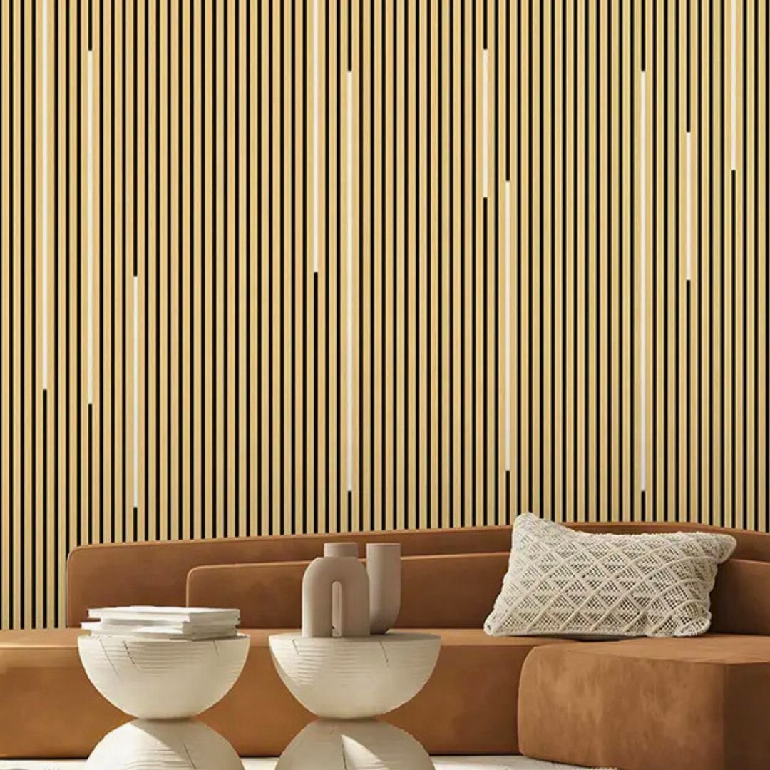 Lot de 8 Panneaux Acoustiques Muraux - Tasseaux Finition Chêne Blanc - Fond Noir - 240x60x2,2cm