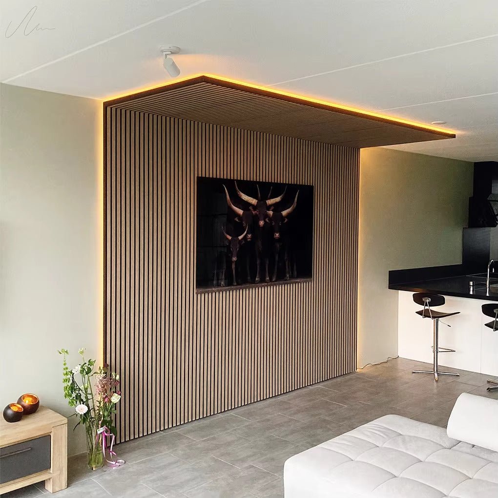 Lot de 4 Panneaux Acoustiques Muraux - Tasseaux Finition Chêne Blanc - Fond Noir - 240x60x2,2cm