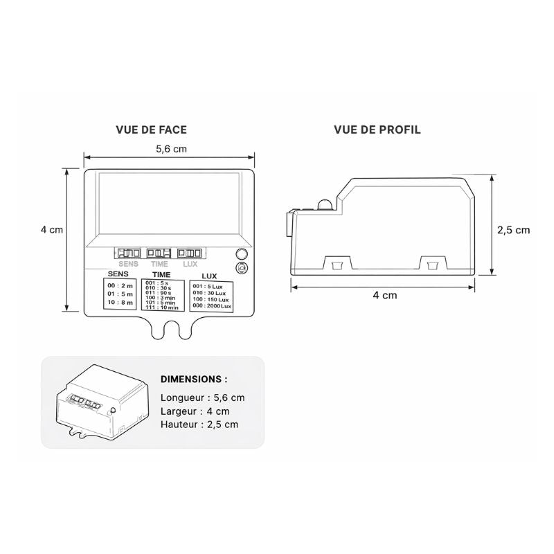 Détecteur de mouvement avec DIP Switch IP20