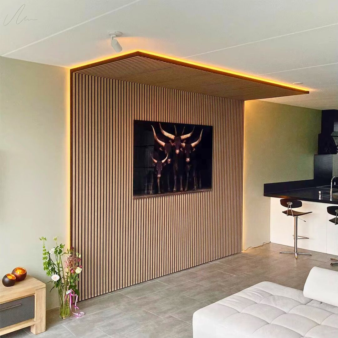 Set van 2 Houten Akoestische Muurpanelen 240x60x2,2cm - Witte Eikenafwerking met Zwarte Achterkant