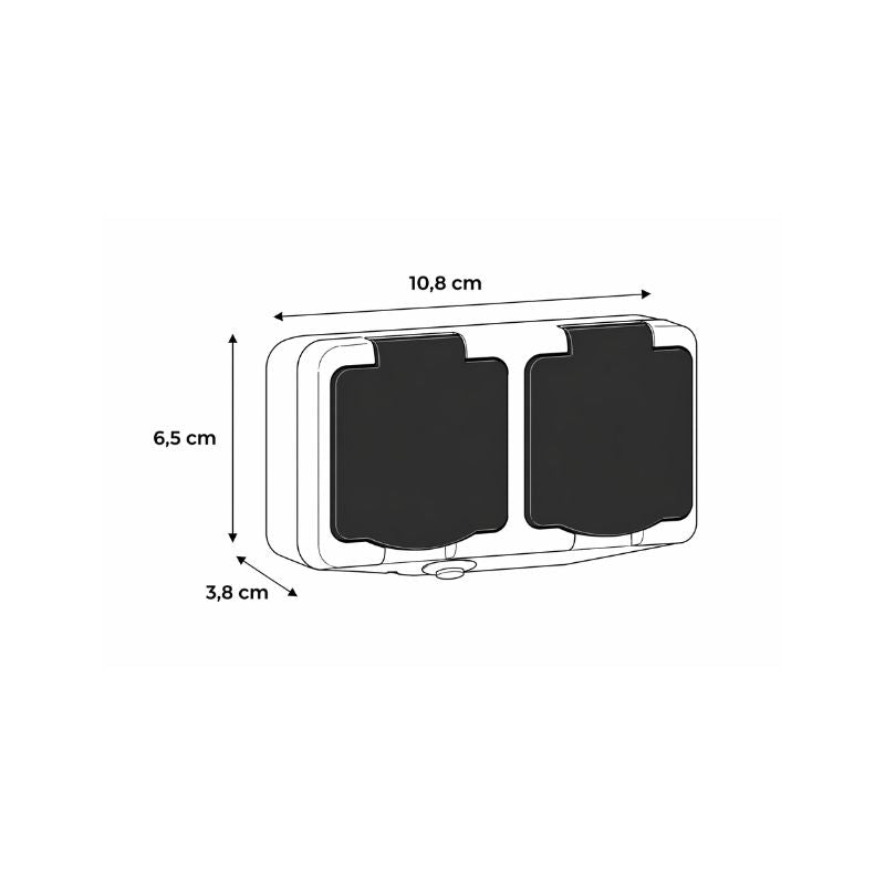 Prise Double Étanche + Clapet Noir IP54 2P+T Saillie