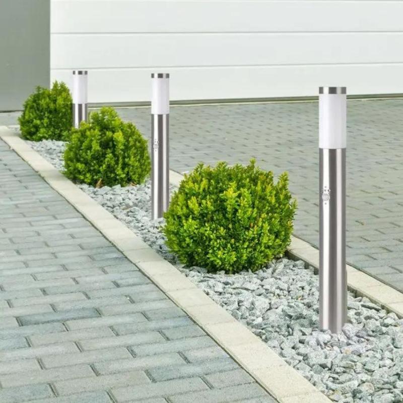 Borne de Jardin Acier Inoxydable avec Détecteur 80cm Gris pour Ampoule E27 IP44