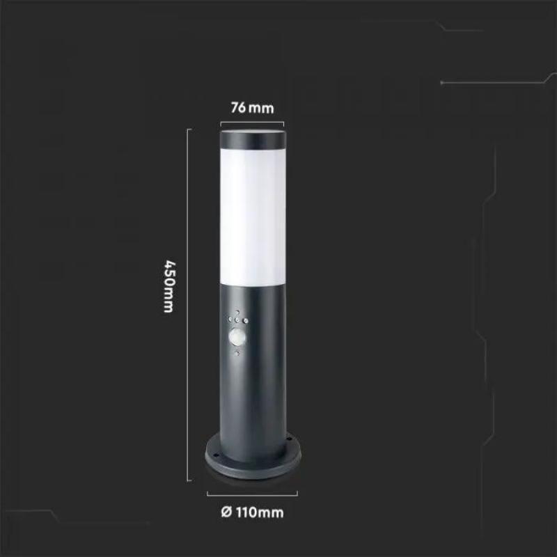 Borne de Jardin Acier Inoxydable avec Détecteur 45cm Noir pour Ampoule E27 IP44