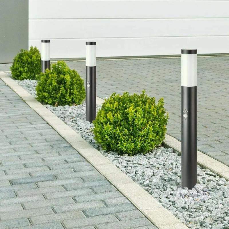 Borne de Jardin Acier Inoxydable avec Détecteur 80cm Noir pour Ampoule E27 IP44