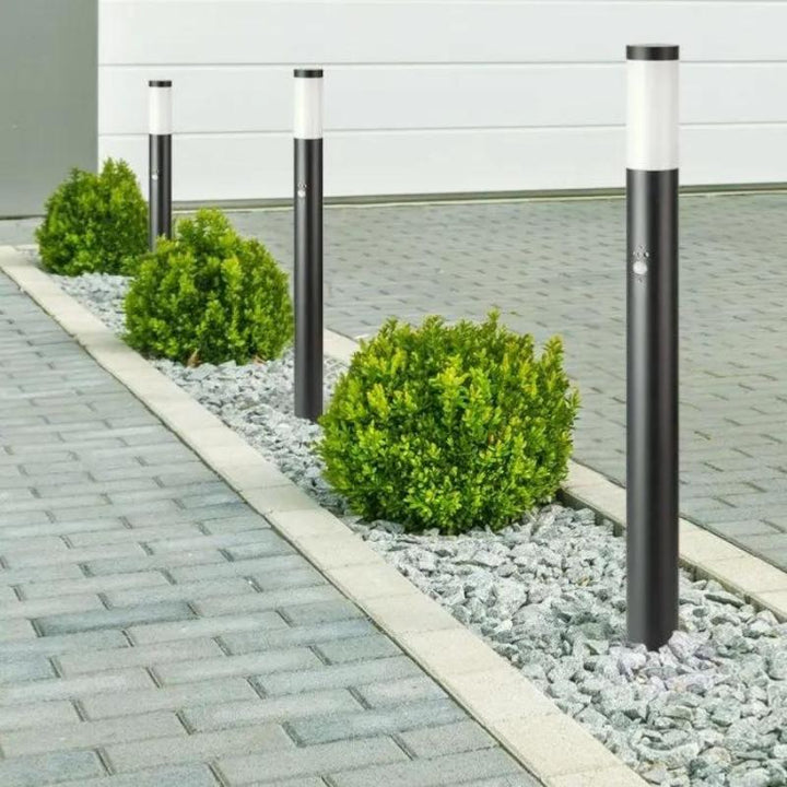 Borne de Jardin Acier Inoxydable avec Détecteur 110cm Noir pour Ampoule E27 IP44