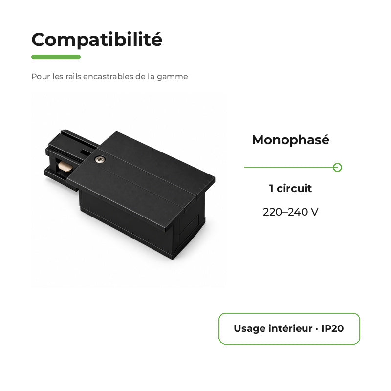 Connecteur d'Alimentation pour Rail Encastrable Monophasé Noir